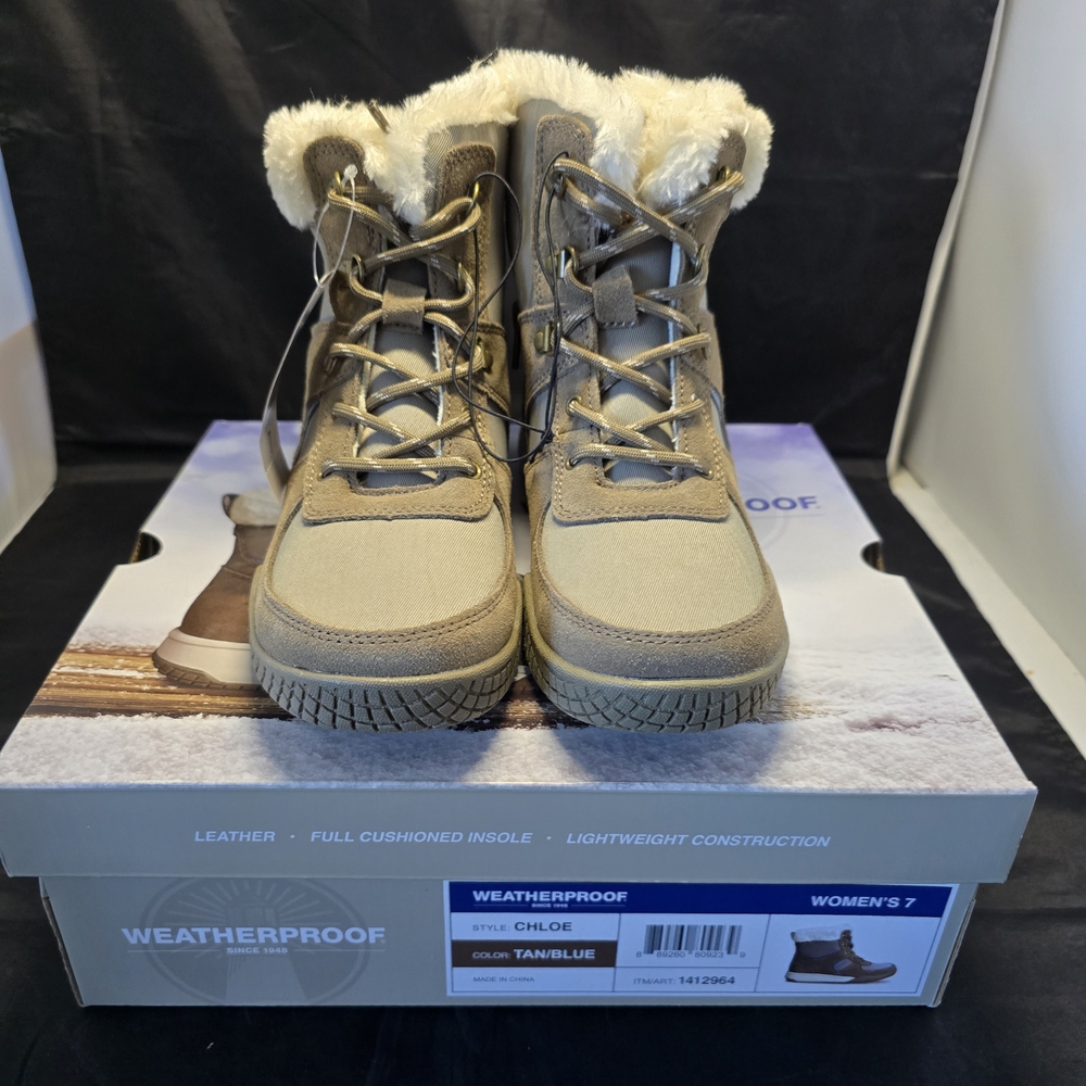 NIB Weatherproof Suede Wedge Boot Women's 7 M Leather Winter Snow Tan Blue Chloe